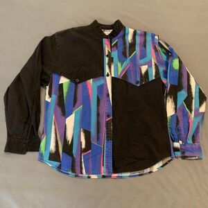 Vintage Roper Shirt Womens 7/8 Black Neon Abstract Western Button Up 80s USA
